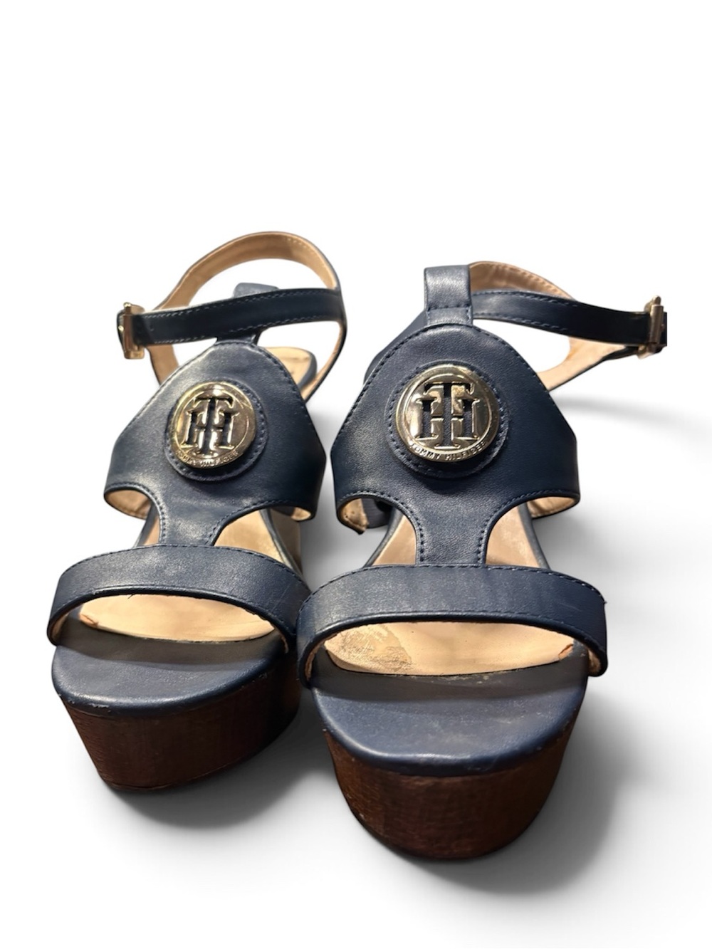 TKEES Navy Leather Platform Sandals with Gold Logo Medallion
